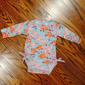 Ruffle Butts Flamingo one piece long sleeve rash guard, 3-6months